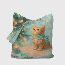 Сумка-шопер Милый рыжий котенок любуется елкой, цвет: 3D-принт