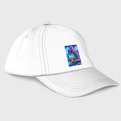 Бейсболка Неоновый пивозавр за барной стойкой - нейроарт, цвет: белый