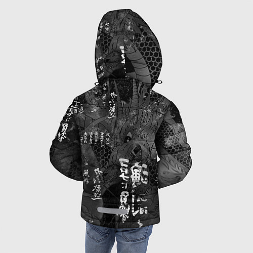 Зимняя куртка для мальчика ЧБ Японский Дракон Dragon Иероглифы / 3D-Черный – фото 4