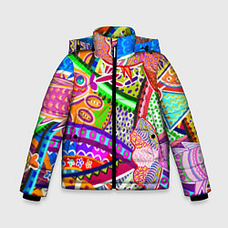 Куртка зимняя для мальчика Разноцветные яркие рыбки на абстрактном цветном фо, цвет: 3D-черный