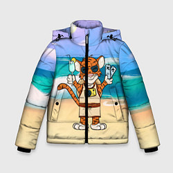 Куртка зимняя для мальчика Тигр в отпуске на новый год на море, цвет: 3D-черный