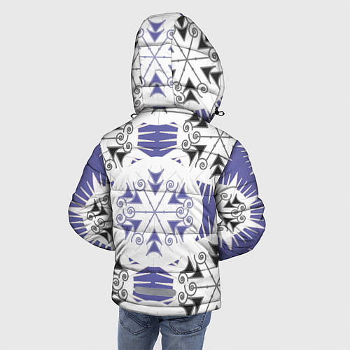 Зимняя куртка для мальчика Острый белые снежинки на сиреневом фоне / 3D-Черный – фото 4