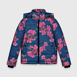 Куртка зимняя для мальчика Веточки айвы с розовыми цветами на синем фоне, цвет: 3D-светло-серый