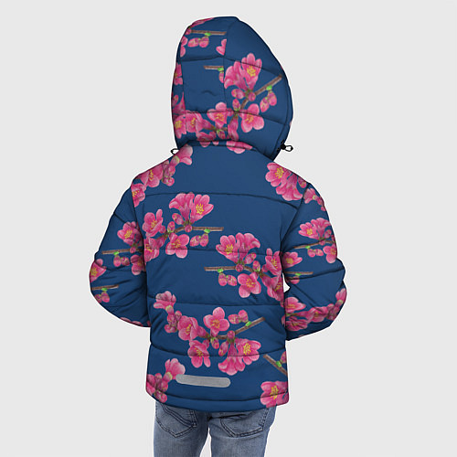 Зимняя куртка для мальчика Веточки айвы с розовыми цветами на синем фоне / 3D-Черный – фото 4