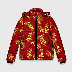 Зимняя куртка для мальчика Золотые веточки на ярко красном фоне