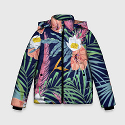 Куртка зимняя для мальчика Цветы Гибискусы, цвет: 3D-черный