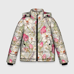 Куртка зимняя для мальчика Цветы Ностальгические Белые Лилии, цвет: 3D-черный
