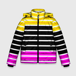 Куртка зимняя для мальчика Желтые розовые и черные полосы на белом, цвет: 3D-светло-серый