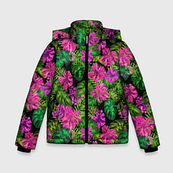 Куртка зимняя для мальчика Тропические листья и цветы на черном фоне, цвет: 3D-красный