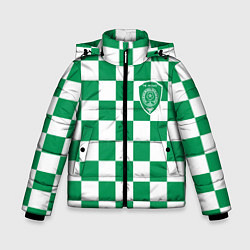 Зимняя куртка для мальчика ФК Ахмат на фоне бело зеленой формы в квадрат