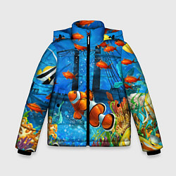 Куртка зимняя для мальчика Затонувший корабль в окружении обитателей океана, цвет: 3D-черный