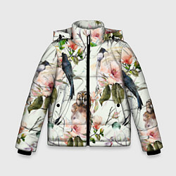 Зимняя куртка для мальчика Цветы Нарисованные Магнолии и Птицы