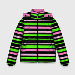 Куртка зимняя для мальчика Полосаты узор в зелено-розовых оттенках на черном, цвет: 3D-черный