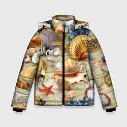 Куртка зимняя для мальчика Морские раковины, кораллы, морские звёзды на песке, цвет: 3D-светло-серый