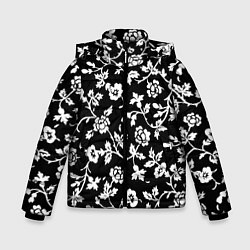 Куртка зимняя для мальчика Белые цветы на чёрном фоне Белые цветы на чёрном ф, цвет: 3D-светло-серый