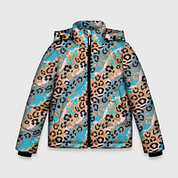 Зимняя куртка для мальчика Леопардовый узор на синих, бежевых диагональных по