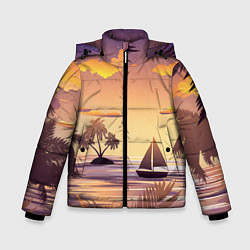 Куртка зимняя для мальчика Лодка в море на закате возле тропических островов, цвет: 3D-красный