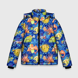 Куртка зимняя для мальчика Большие акварельные рыбы, цвет: 3D-черный