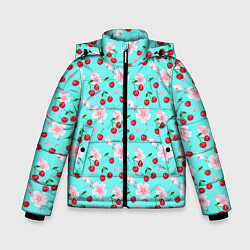 Куртка зимняя для мальчика Паттерн цветущая вишня, цвет: 3D-светло-серый