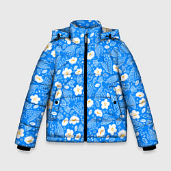 Зимняя куртка для мальчика Белые птицы голуби и цветы яблони на синем фоне не