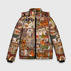 Куртка зимняя для мальчика Коллаж из сказочных зверей - совы, белки, ёжики, цвет: 3D-красный