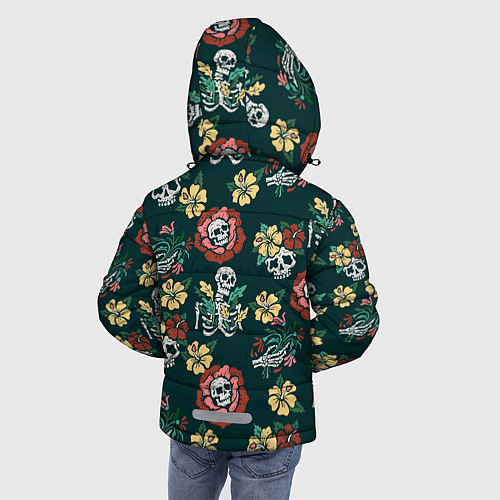 Зимняя куртка для мальчика Скелеты и черепа среди цветов / 3D-Красный – фото 4