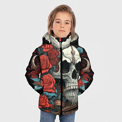 Куртка зимняя для мальчика Череп викинга на корабле с розами в стиле тату ире, цвет: 3D-черный — фото 2