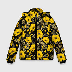 Зимняя куртка для мальчика Желтые цветы на черном фоне паттерн