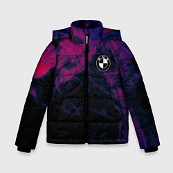 Куртка зимняя для мальчика БМВ на фоне сиреневого дыма, цвет: 3D-черный