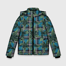 Куртка зимняя для мальчика Листья остролиста на голубой шотландке, цвет: 3D-черный