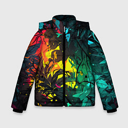 Куртка зимняя для мальчика Яркие разноцветные абстрактные листья, цвет: 3D-черный