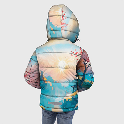 Зимняя куртка для мальчика Японский город вдали и цветущая Сакура у реки / 3D-Красный – фото 4