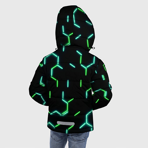 Зимняя куртка для мальчика Зеленые неоновые неполные гексагоны / 3D-Черный – фото 4