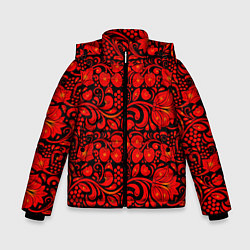 Куртка зимняя для мальчика Хохломская роспись красные цветы и ягоды на чёрном, цвет: 3D-черный