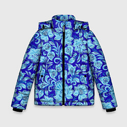 Куртка зимняя для мальчика Узоры гжель на темно синем фоне, цвет: 3D-светло-серый