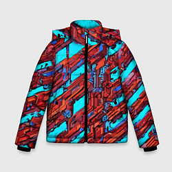 Куртка зимняя для мальчика Красные фрагменты на голубом фоне, цвет: 3D-черный