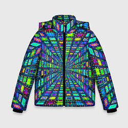 Куртка зимняя для мальчика Абстрактный узор коридор из разноцветных квадратов, цвет: 3D-черный