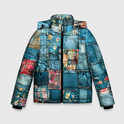 Куртка зимняя для мальчика Джинсовые лоскуты с цветочками, цвет: 3D-черный