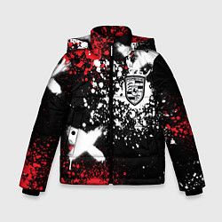 Куртка зимняя для мальчика Логотип Порше на фоне граффити и брызг красок, цвет: 3D-черный