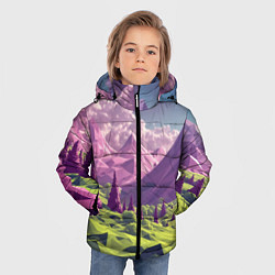 Куртка зимняя для мальчика Геометрический зеленый пейзаж и фиолетовые горы, цвет: 3D-светло-серый — фото 2