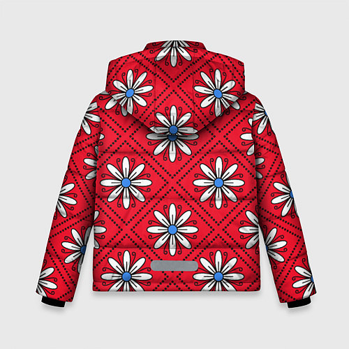 Зимняя куртка для мальчика Белые цветы в ромбах на красном / 3D-Светло-серый – фото 2