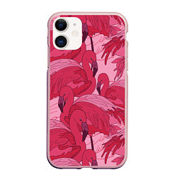 Чехол iPhone 11 матовый Розовые фламинго, цвет: 3D-светло-розовый