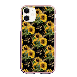 Чехол iPhone 11 матовый Fashion Sunflowers and bees, цвет: 3D-светло-розовый