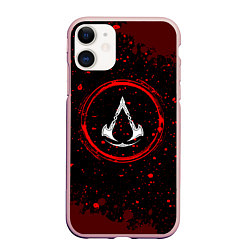 Чехол iPhone 11 матовый Символ Assassins Creed и краска вокруг на темном ф, цвет: 3D-светло-розовый