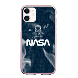 Чехол iPhone 11 матовый Nasa - космонавт - паттерн, цвет: 3D-светло-розовый