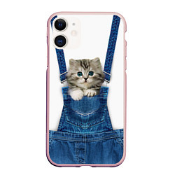 Чехол iPhone 11 матовый Котенок в кармане комбинезона, цвет: 3D-светло-розовый