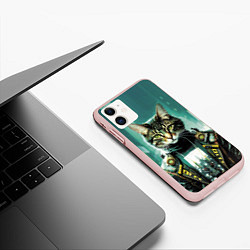 Чехол iPhone 11 матовый Funny cat on the background of skyscrapers, цвет: 3D-светло-розовый — фото 2