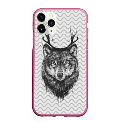 Чехол iPhone 11 Pro матовый Рогатый волк, цвет: 3D-малиновый