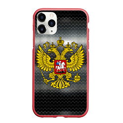 Чехол iPhone 11 Pro матовый Герб России на металлическом фоне