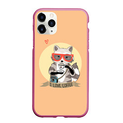 Чехол iPhone 11 Pro матовый Raccoon Love Coffee, цвет: 3D-малиновый